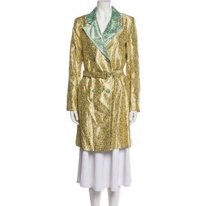 Duro Olowu Women's Trench Coat Gold Lame Sz S Paisley Print Pointed Mint Collar